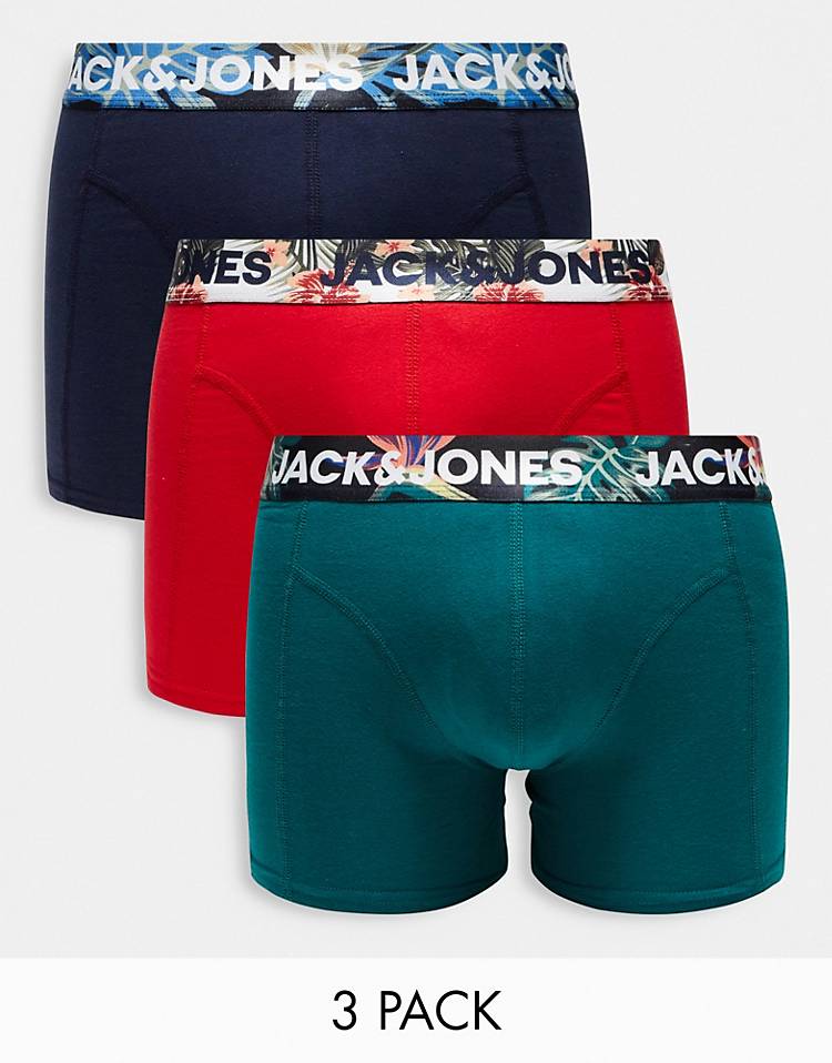 Jack & Jones 3-pack trunks with tropical waistband print in red & navy